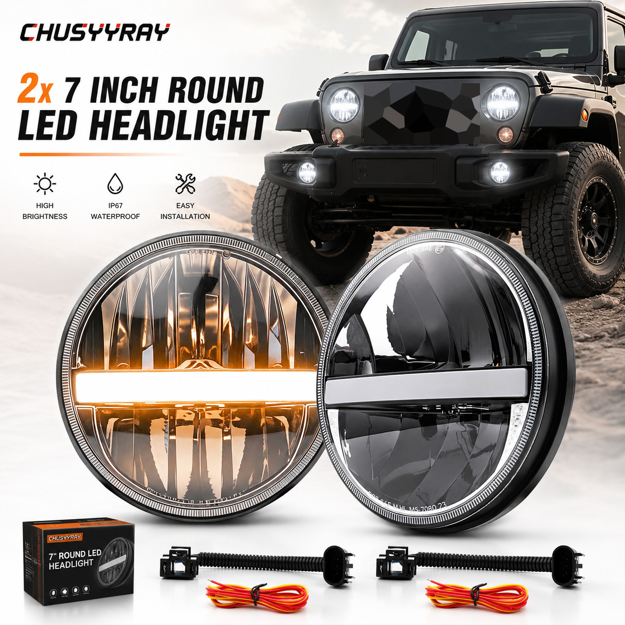 2X LED 7″ Round Headlights High Low Beam Aluminum Housing