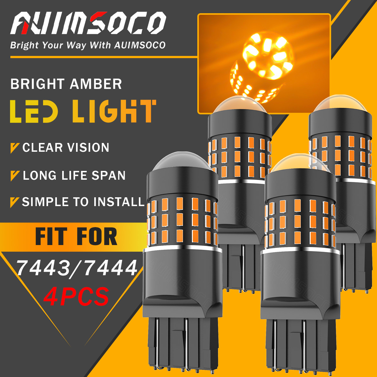4X 7443 LED Turn Signal Light Bulbs Amber 7440 7441 W21W with Built In Resistor