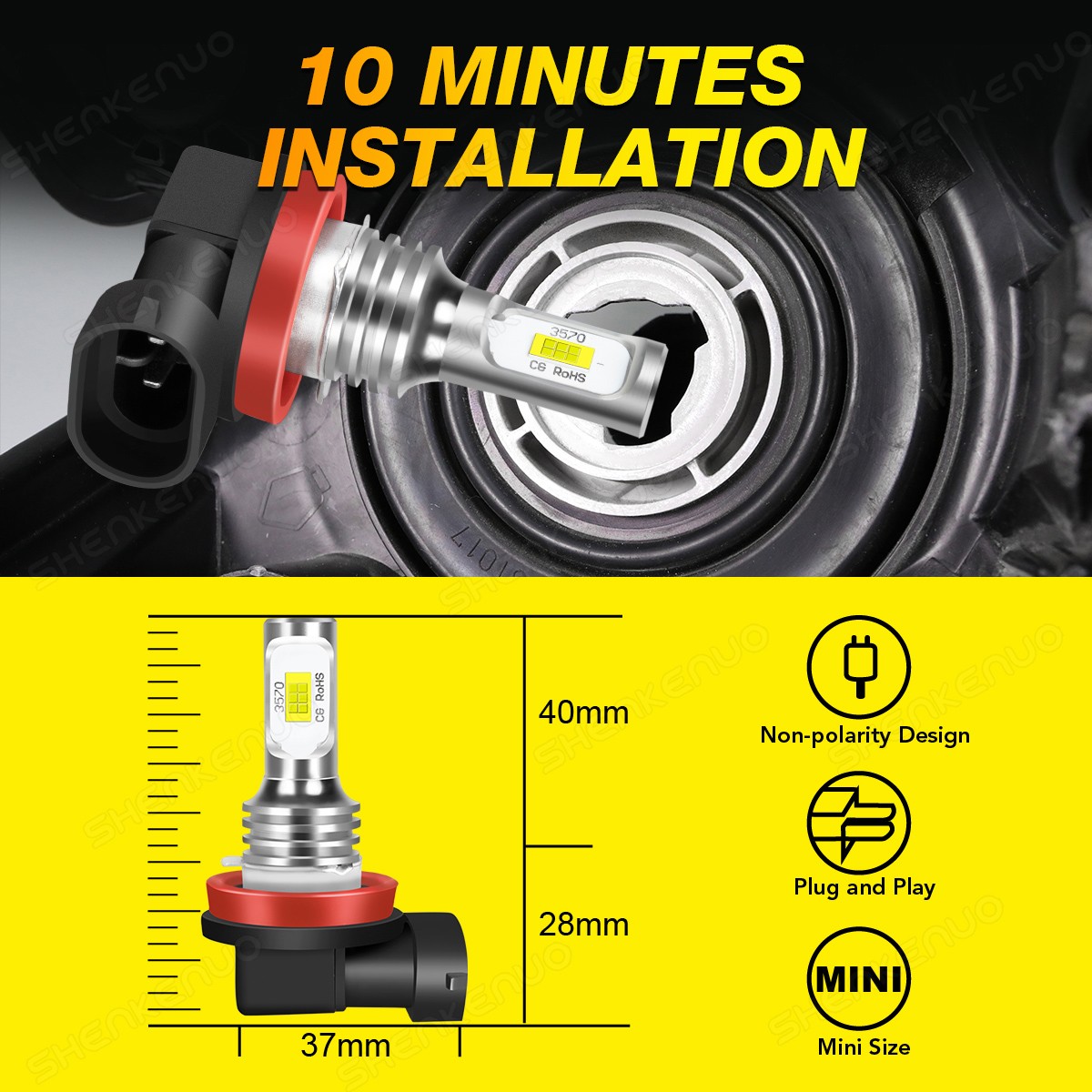 LED Headlight Bulbs H11 Low Beam Light 6000K Pure White Fanless Super Bright 2x