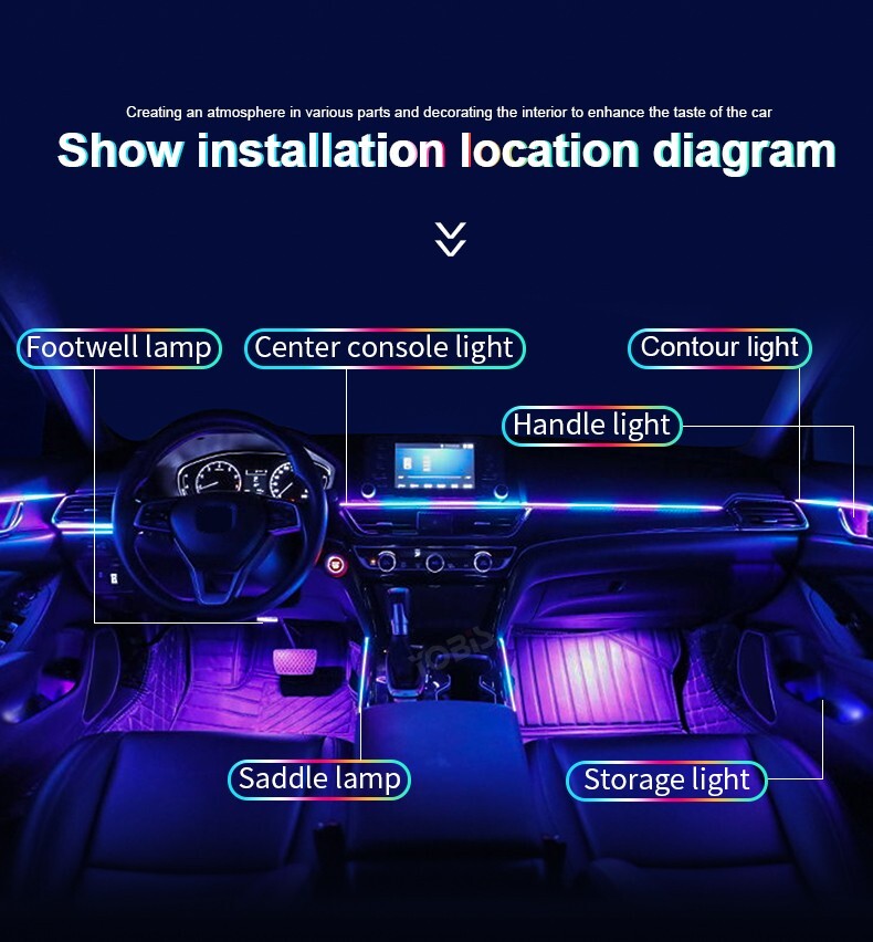 6-In-1 RGB LED Strip Interior Light Car Ambient Atmosphere Lighting APP Control