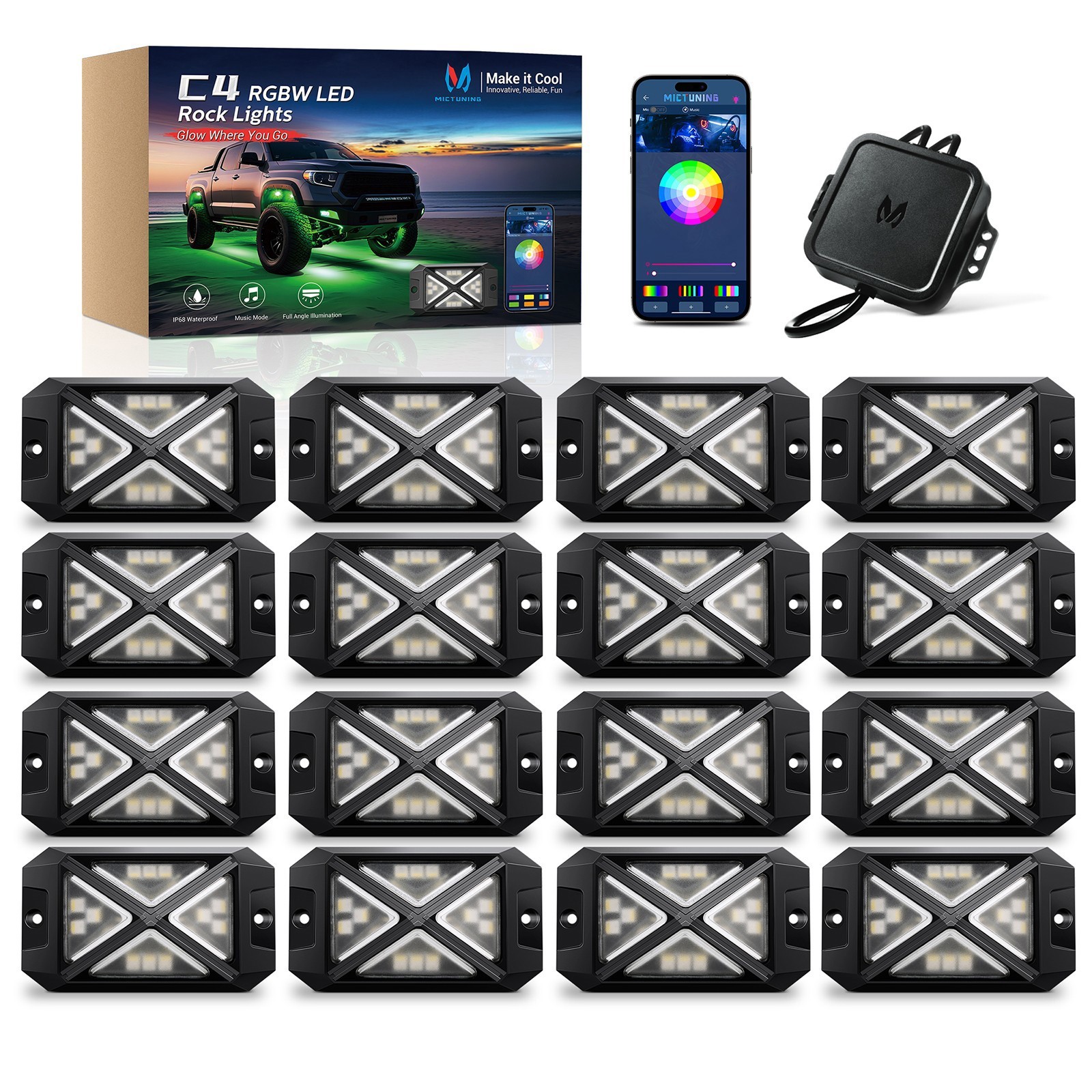 MICTUNING 16 Pods RGBW LED Rock Lights APP Control 4-Side LED Underglow Neon Kit