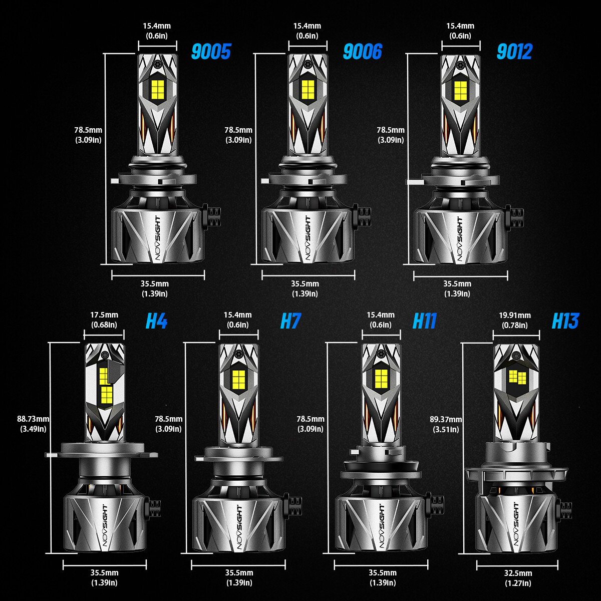 NOVSIGHT H4 9003 HB2 LED Headlight Bulbs Kit High-Low Beam 6500K 60000LM White