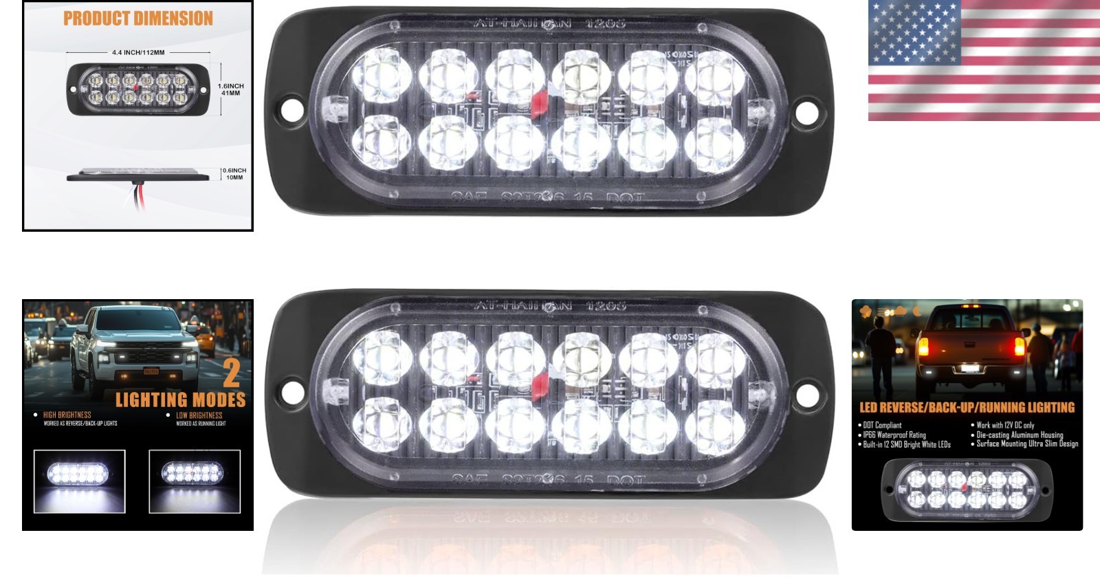 Pack of 2 Waterproof LED Reverse Backup Lights – Aluminum Housing, DOT Compliant