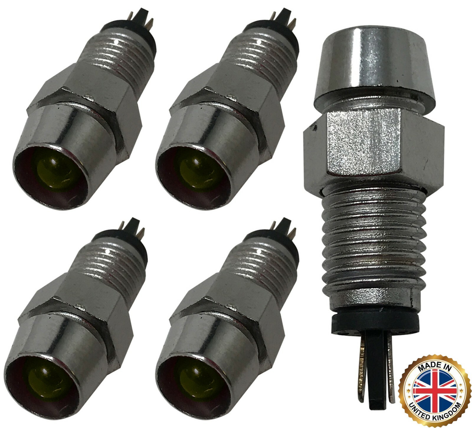 5 Pack of Universal 12V Amber LED Lamp Dash Panel Pilot Indicator Light – Chrome