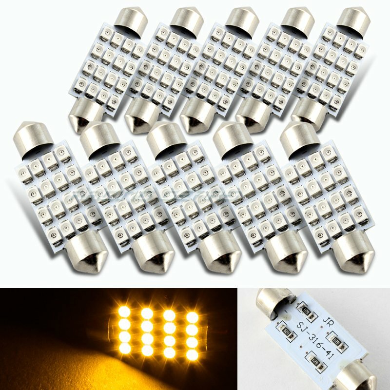 10x 41mm 16 SMD Amber LED Panel Interior Replacement Dome Light Festoon Bulbs
