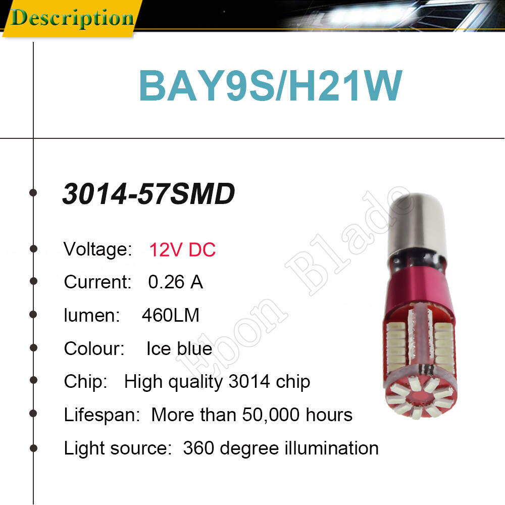 2 x High Power Ice Blue BAY9S H21W 64136 57SMD 3014 Car Auto LED Light Bulbs 12V