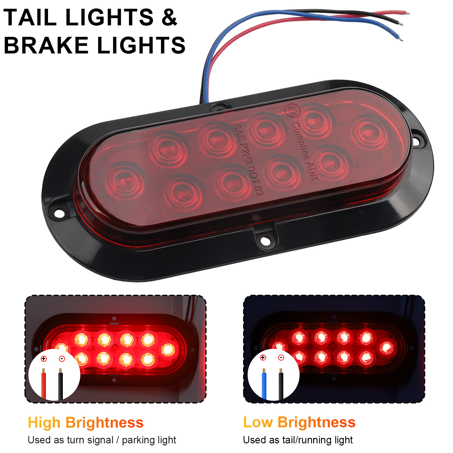 2 Red 6″ Oval Trailer Lights 10 LED Stop Turn Tail Truck Sealed Grommet Plug DOT