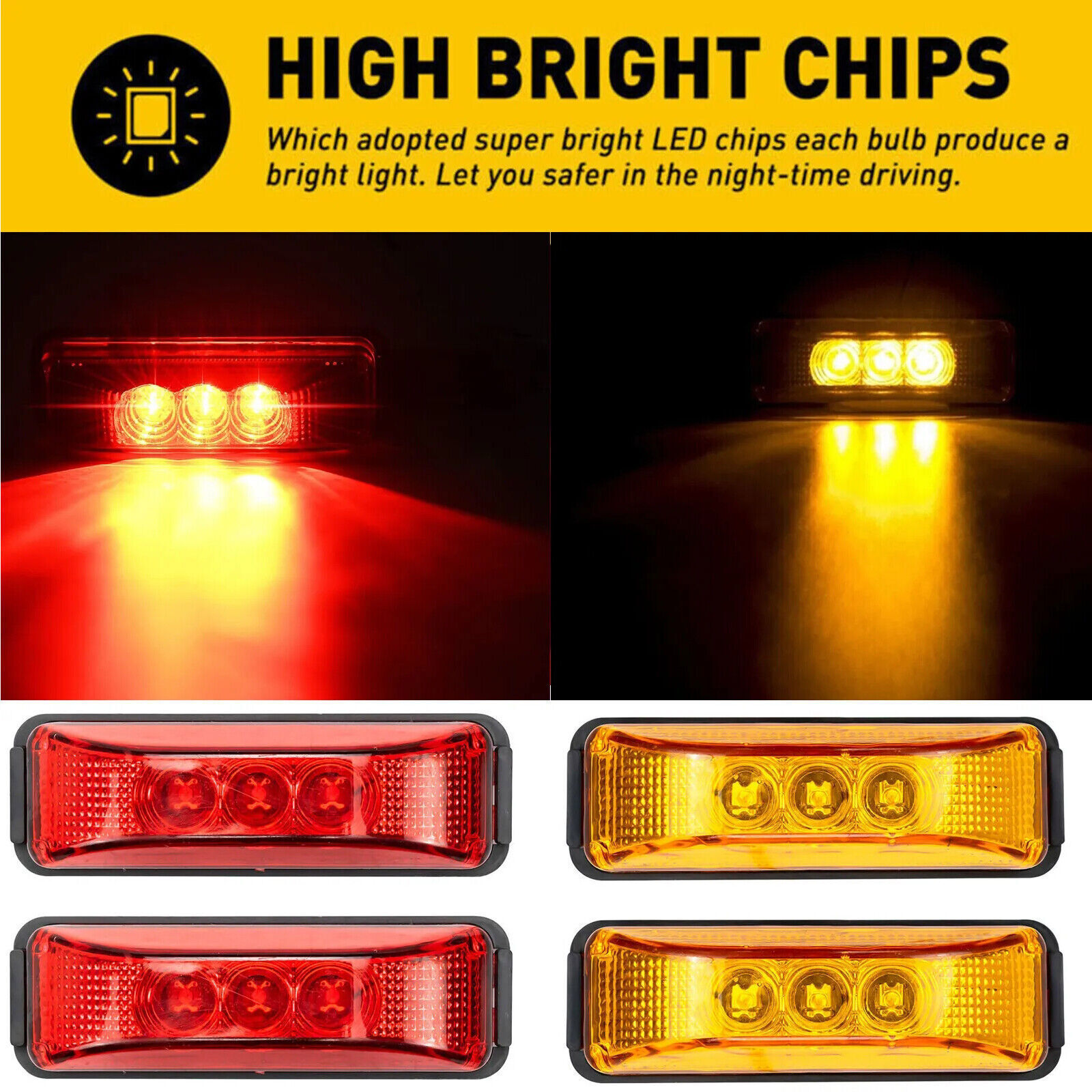 4PC 3LED Amber Side Marker Lights RV Truck Trailer Clearance Light Waterproof