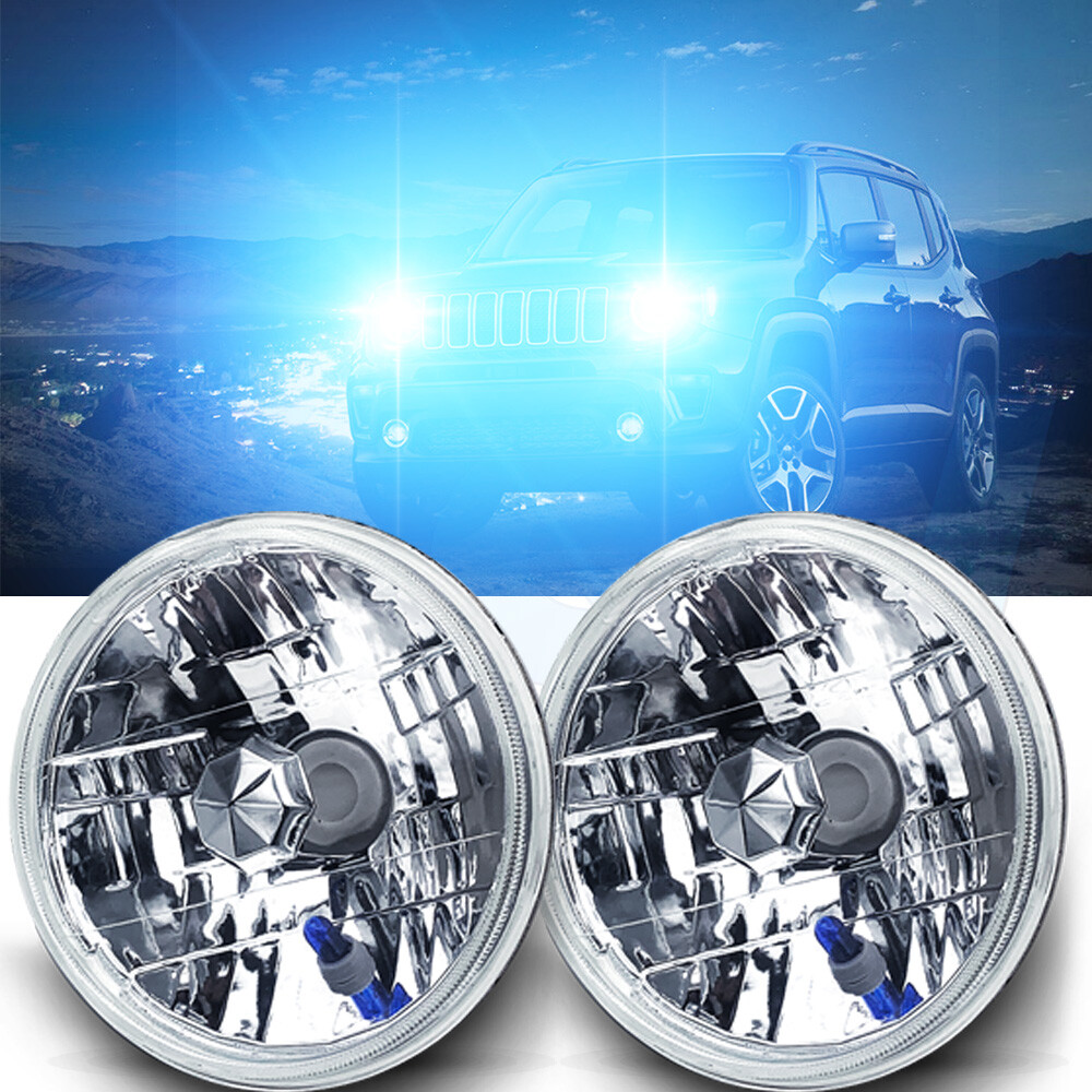 7″Inch Blue led GLASS Headlight Round, ORIGINAL CLASSIC LOOK Conversion Chrome