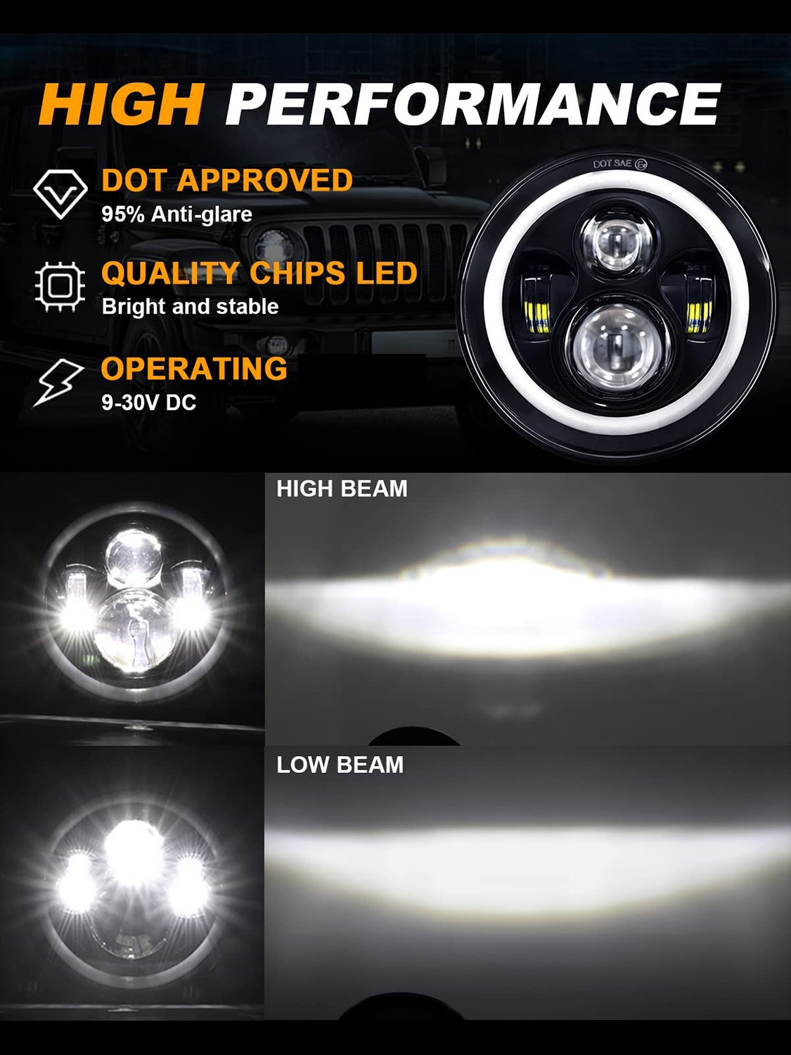 2x 7“LED Headlights HI&LO Fit Peterbilt 379 EXHD359 Old Style Round Guide