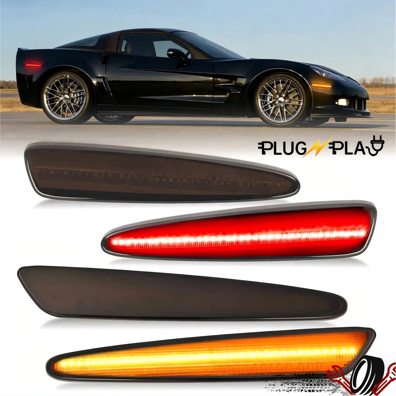 LED Smoked Front Rear Side Marker Lights Amber+Red For Chevy Corvette C6 2005-13