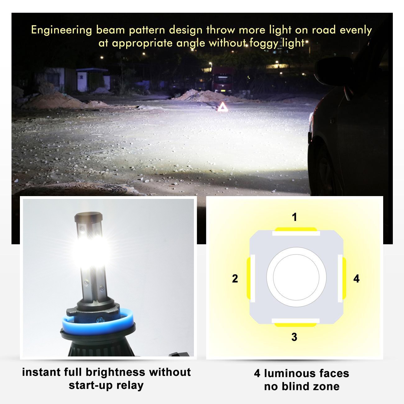 4-Sides H11 LED Headlight Kit Low Beam Bulb Super Bright 6500K White 1800000LM