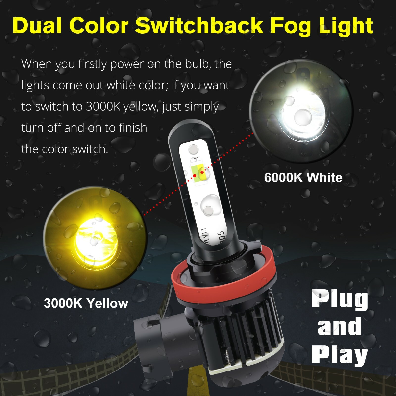 2-Color LED Fog Light Bulb,White Yellow Switchback,2504,5202,9006,H7,H10,H11,H16