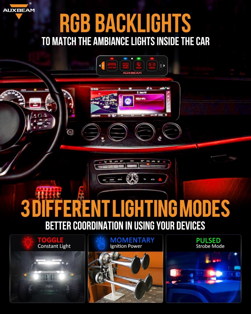 AUXBEAM 8 Gang Switch Panel On-Off LED Light Circuit Control (Blue Back light)