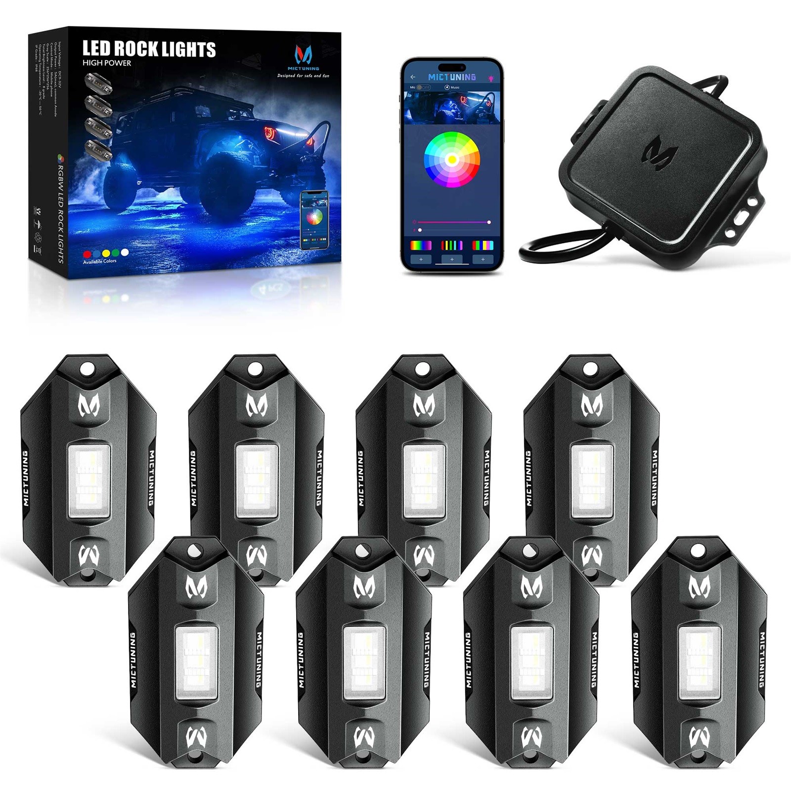 MICTUNING Rock Lights Kit Q1 RGB RGBW LED Off Road Underglow Neon Lamp w/ Remote