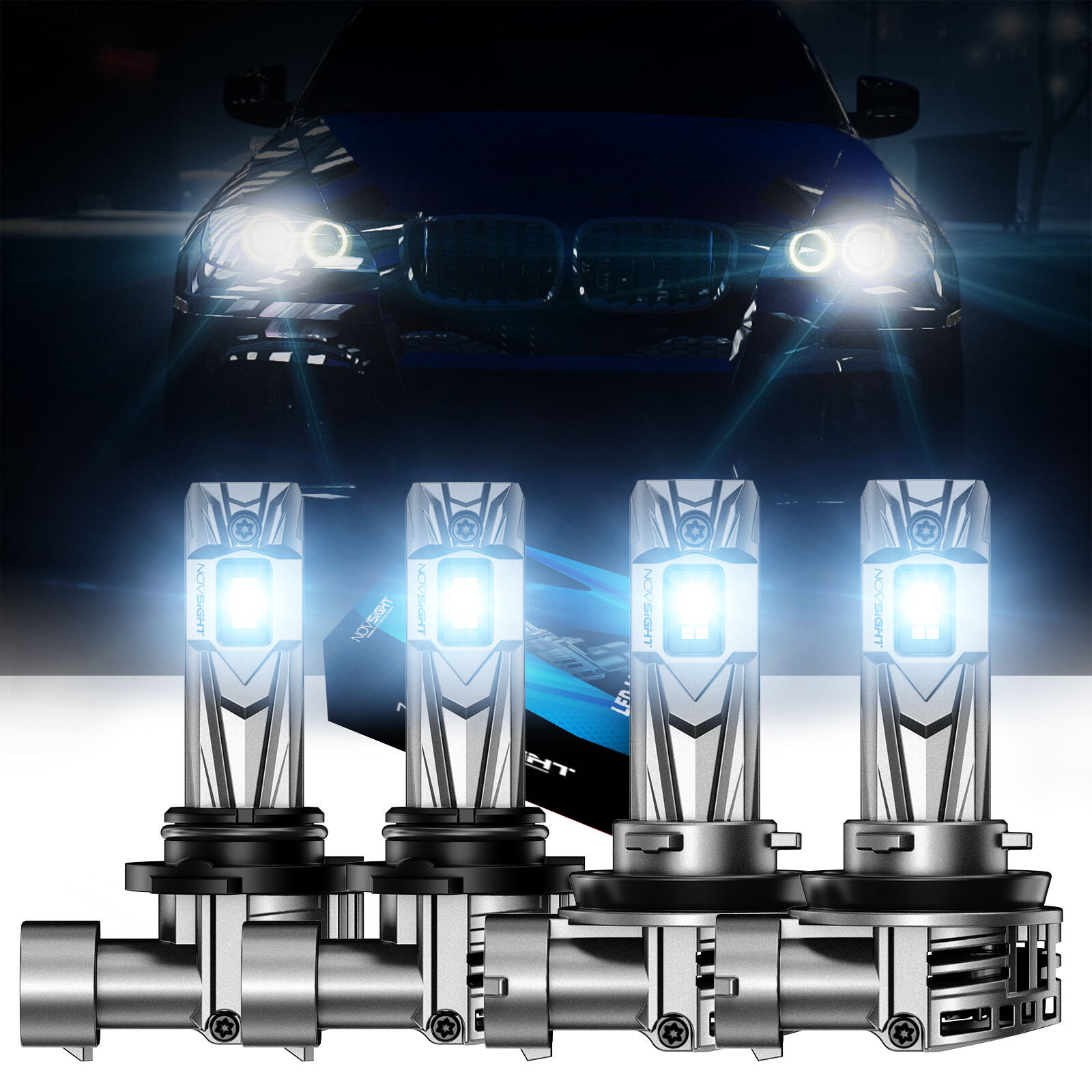 4pc NOVSIGHT 9005 H11 LED Headlight Bright White Bulb 18000LM High Low Beam Lamp