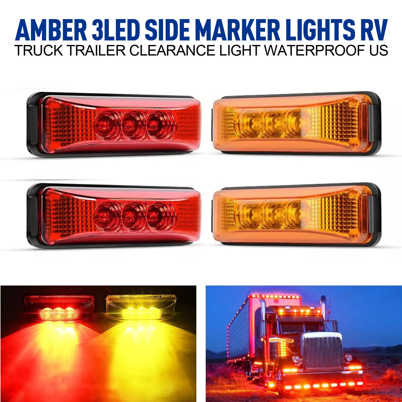 4PC 3LED Amber Side Marker Lights RV Truck Trailer Clearance Light Waterproof