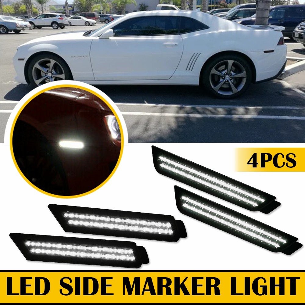 Front+Rear White Smoked LED Side Marker Bumper Light For Chevy Camaro 2010-2015