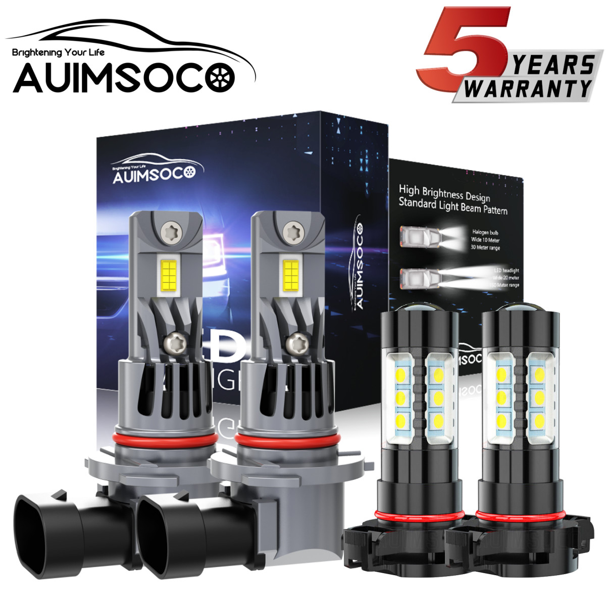 4x Super Bright White LED Headlight 9012 High Low Beam + 5202 Fog Light Bulbs