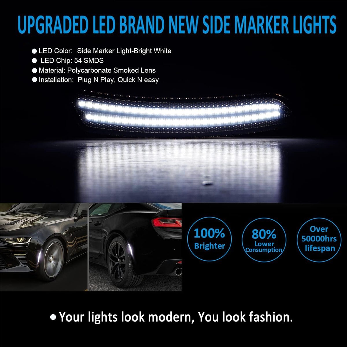 4PC Full LED Side Marker Lights Front Rear for Chevy Camaro 2016-23 LS LT SS ZL1