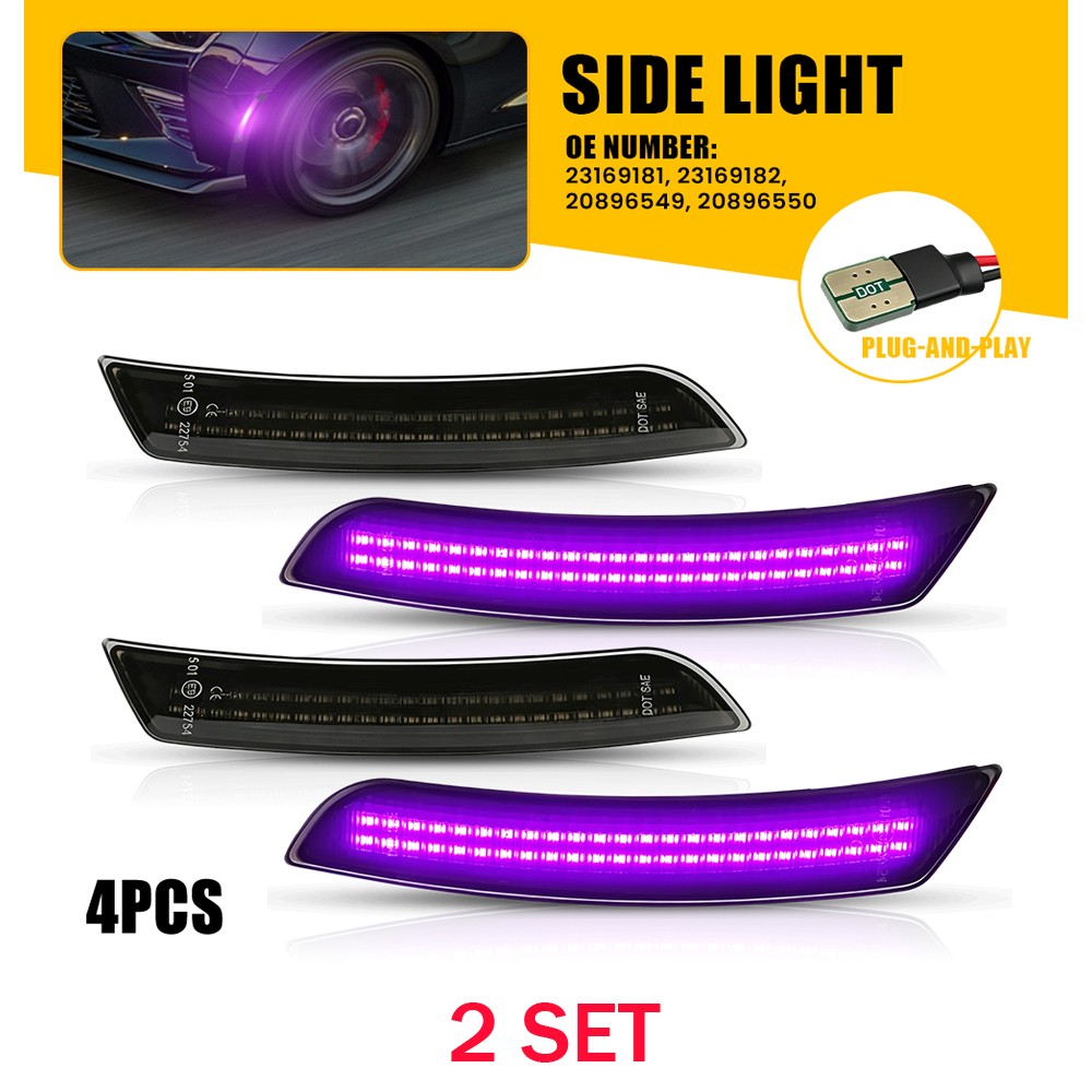 Front Rear LED Side Marker Light Solid Purple Lamp 8PCS For Chevy Camaro 2016-23
