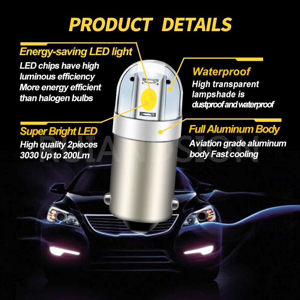 4pcs White BA9S T4W 3030 2 LED Side Parking Light Bulb 200LM DC 12V Non-polarity