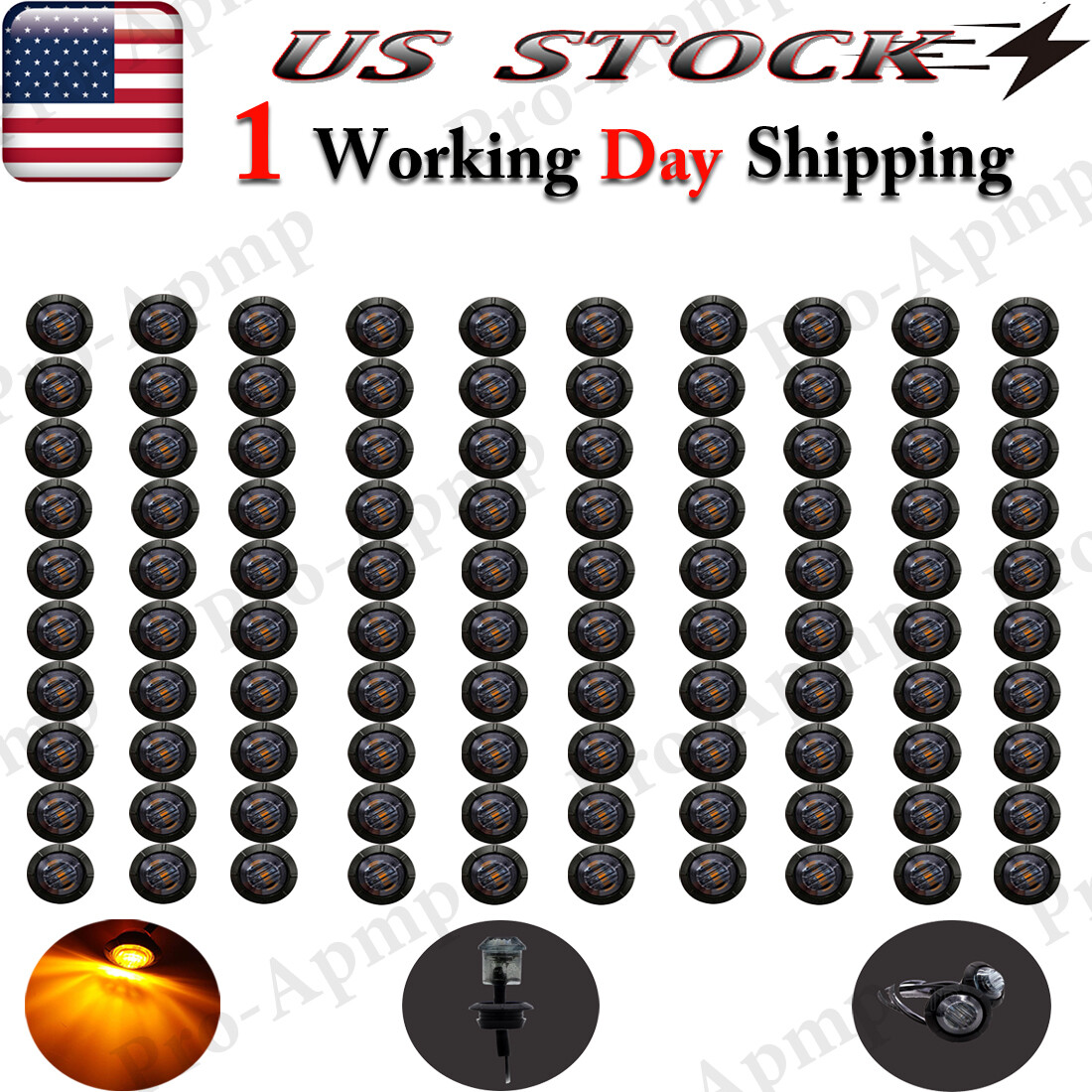 100x Mini Smoked Amber 3/4″ Round Side 3 LED Marker Trailer Bullet Light USA