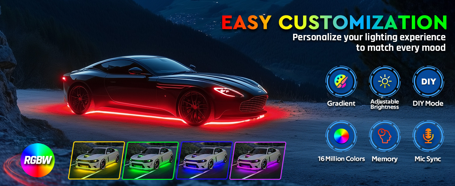 Waterproof N8 Aluminum RGBW LED Car Underglow Lights, Led Exterior Underbody Kit