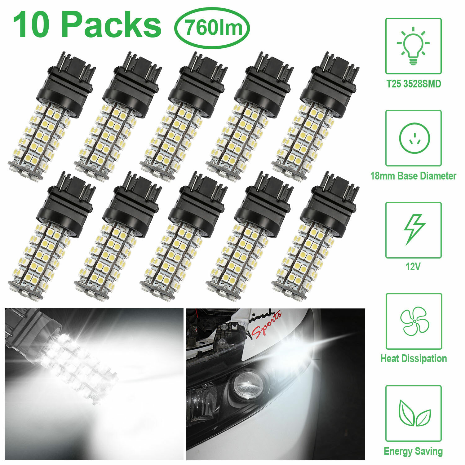 10 X 6000K White 3528SMD 68 LED Tail/Brake/Stop Light Bulbs T25 3057 3457 4157