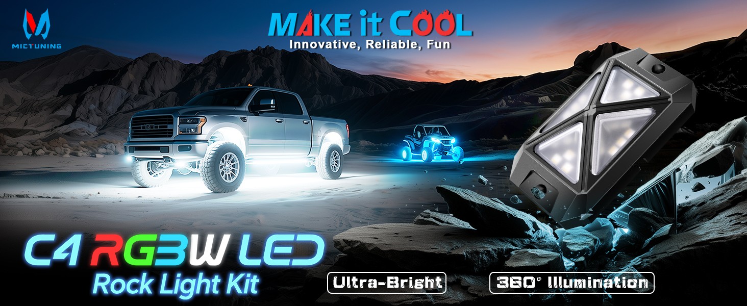 MICTUNING RGB Rock Lights 4 Pods Underglow Underbody Neon Lights for Truck ATV