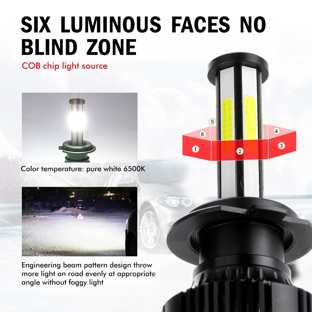 6-side H7 LED Headlight Bulb Conversion Kit High Low Beam Lamp 6000K Super White