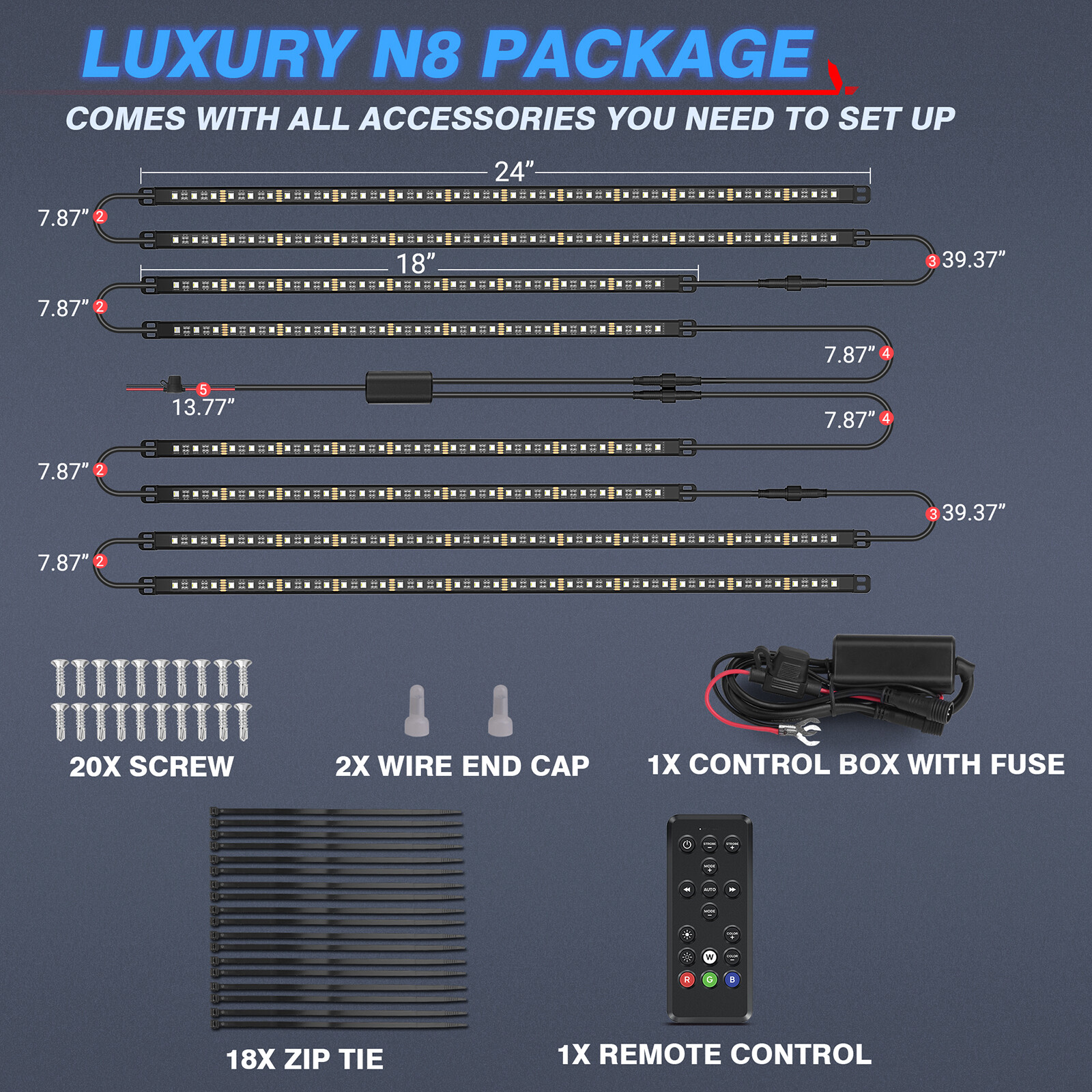 8pcs Car Underglow RGBW Aluminum LED Light Strips Exterior Underbody Light Bars