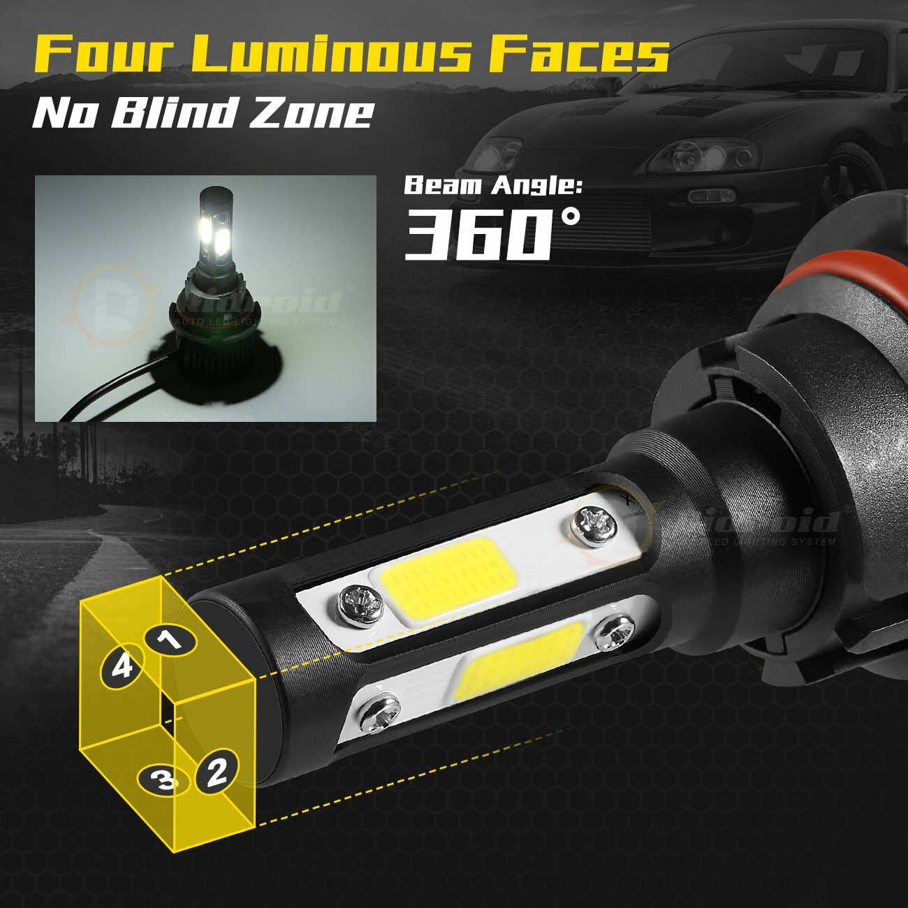 4-sides 9007 LED Headlights Kit 2400W 360000LM Hi-Lo Beam Bulbs 6000K White