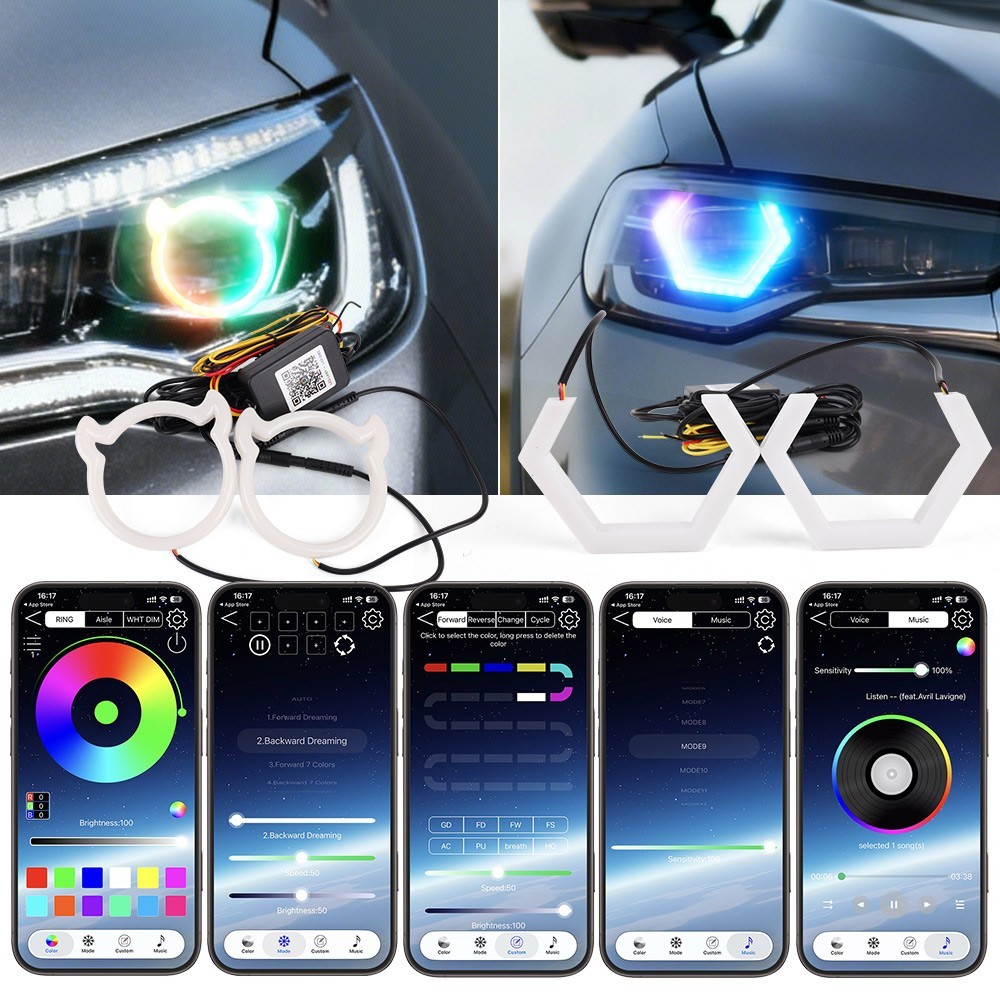 APP 2 in 1 Car RGB Heart LED Angel Eyes Halo Rings Headlight DRL Light Retrofit
