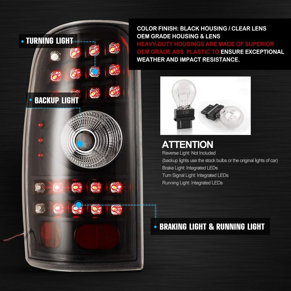 For 2000-2006 Chevy Suburban Tahoe GMC Yukon LED Tail Lights Black Rear Lamps