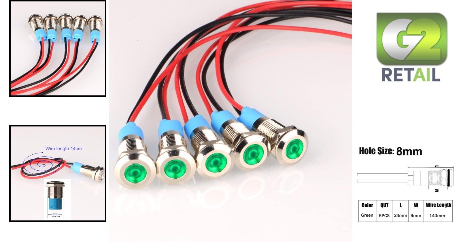 Stylish Green LED 8mm Indicator Lights – 5pcs Pack for Durable Use AC/DC 12-24V