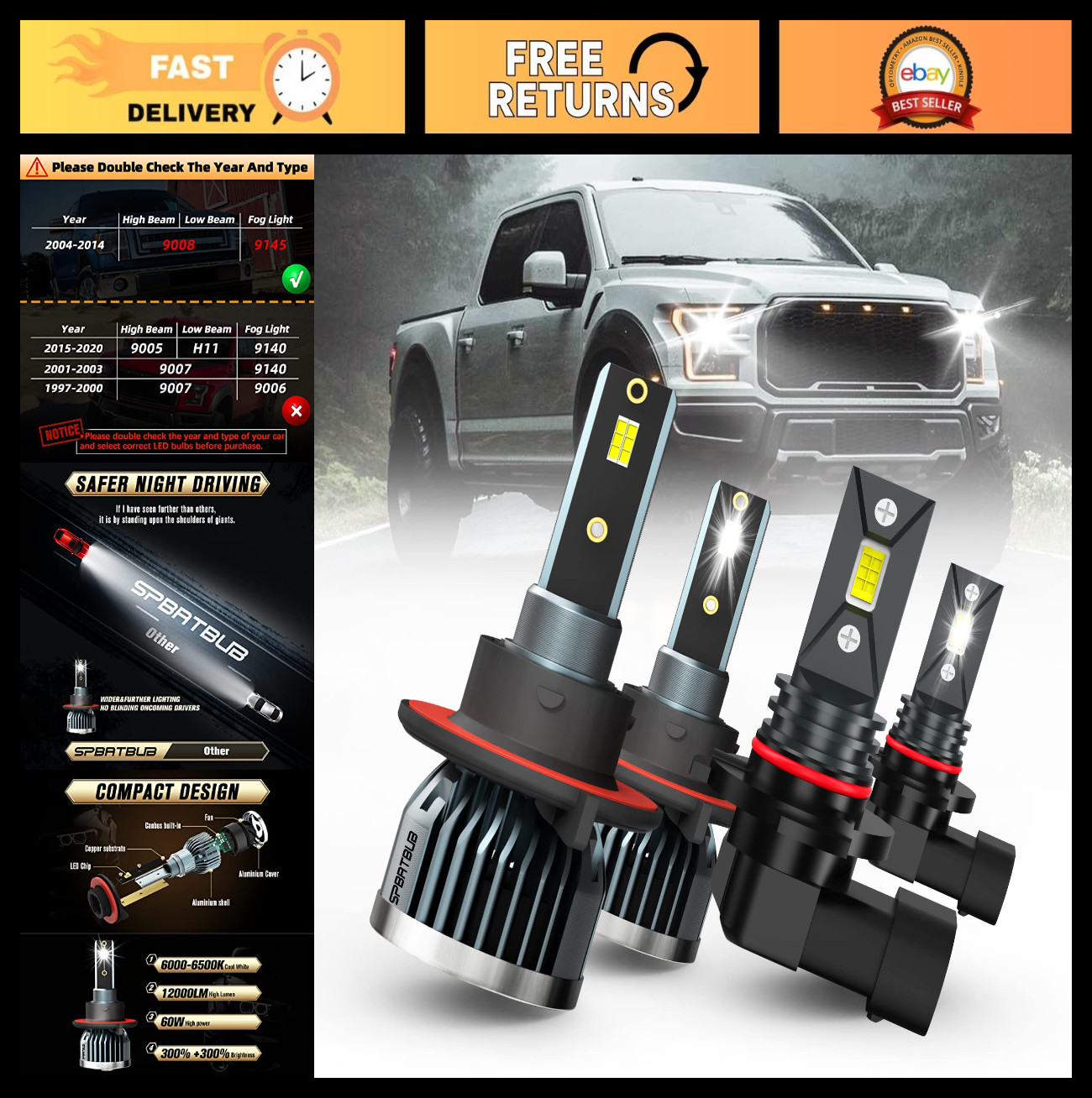 LED Headlight Bulbs 9008/H13 & 9145 Fog Lights for 2004-2014 Ford F-150, 4-Pack