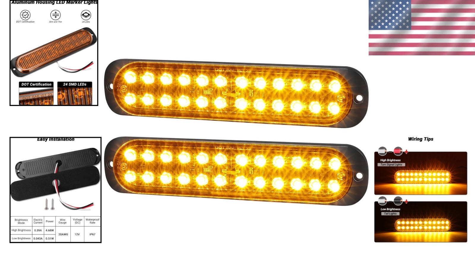 LED Trailer Side Marker Turn Signal Light 7.5 Inch Aluminum Housing Amber 24 …