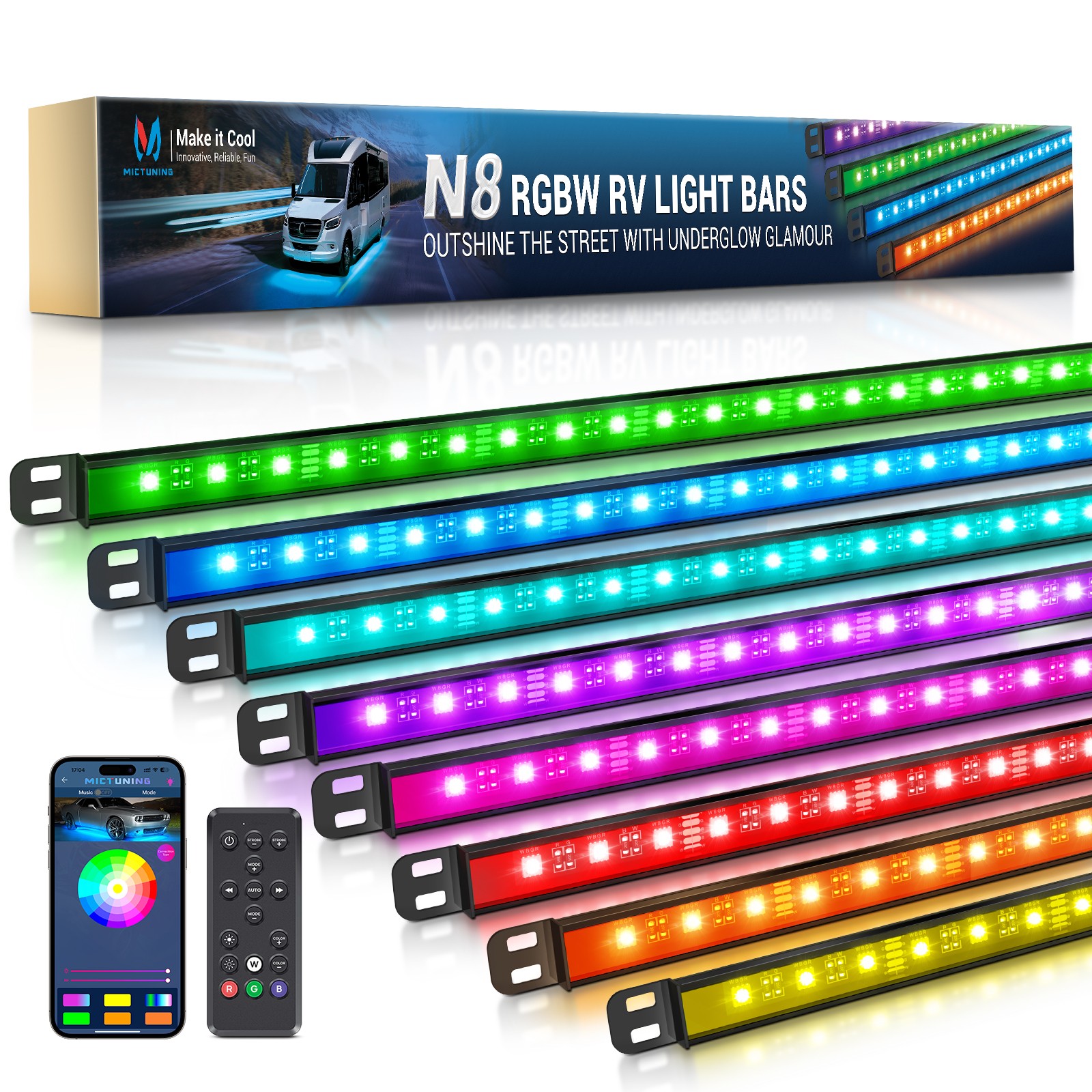 8PCS RGBW Underglow Light Bars for RVs,Exterior Neon Underbody LED Light strips