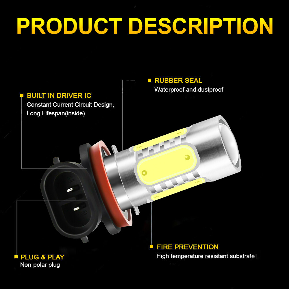H7+H7+H11 6PC Front LED Headlight Hi/Low Beam Fog Light Bulbs Super White 2400LM