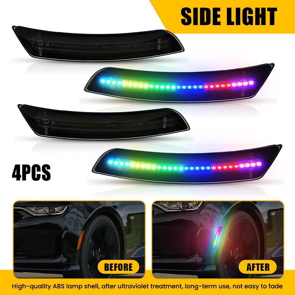20896549 Fit 16-23 Chevy Camaro Smoked LED Side Marker Colorful Flowing Light 4X