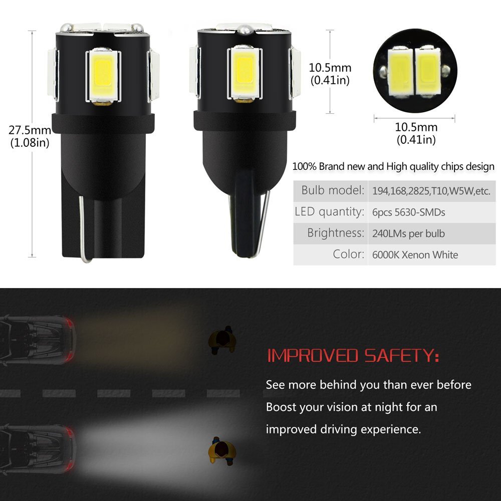 10X Super White T10/921/194/2825/158 RV Trailer LED Interior Dome Map Light Bulb