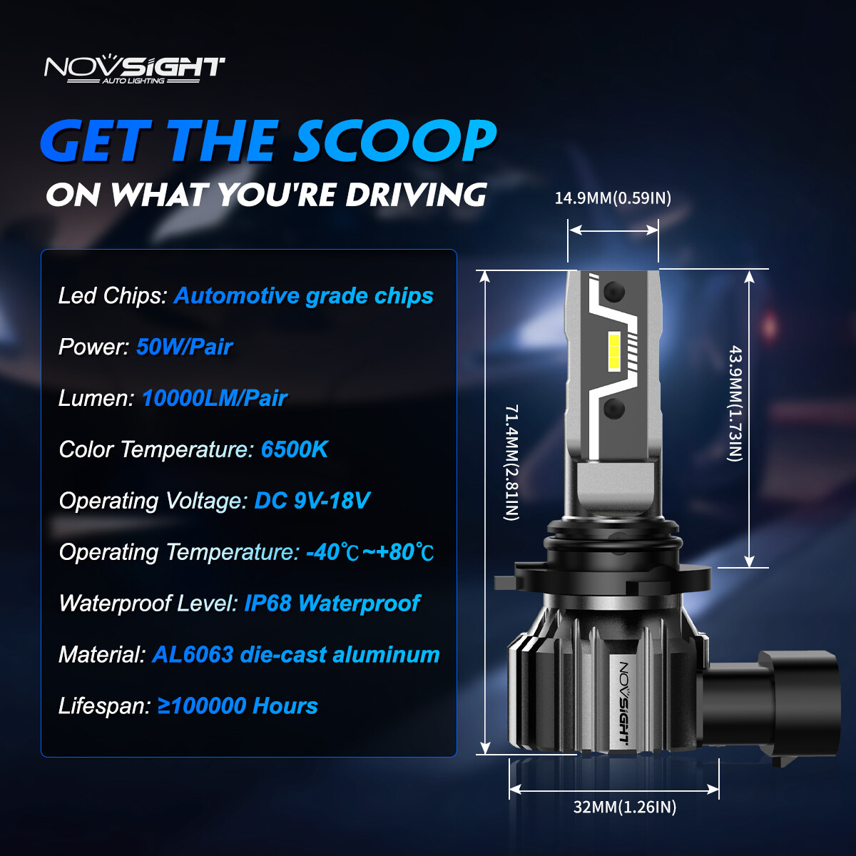 NOVSIGHT 9006 LED Headlight Bulbs High-Low Beam Conversion Lamp 10000LM 50W 2PCS