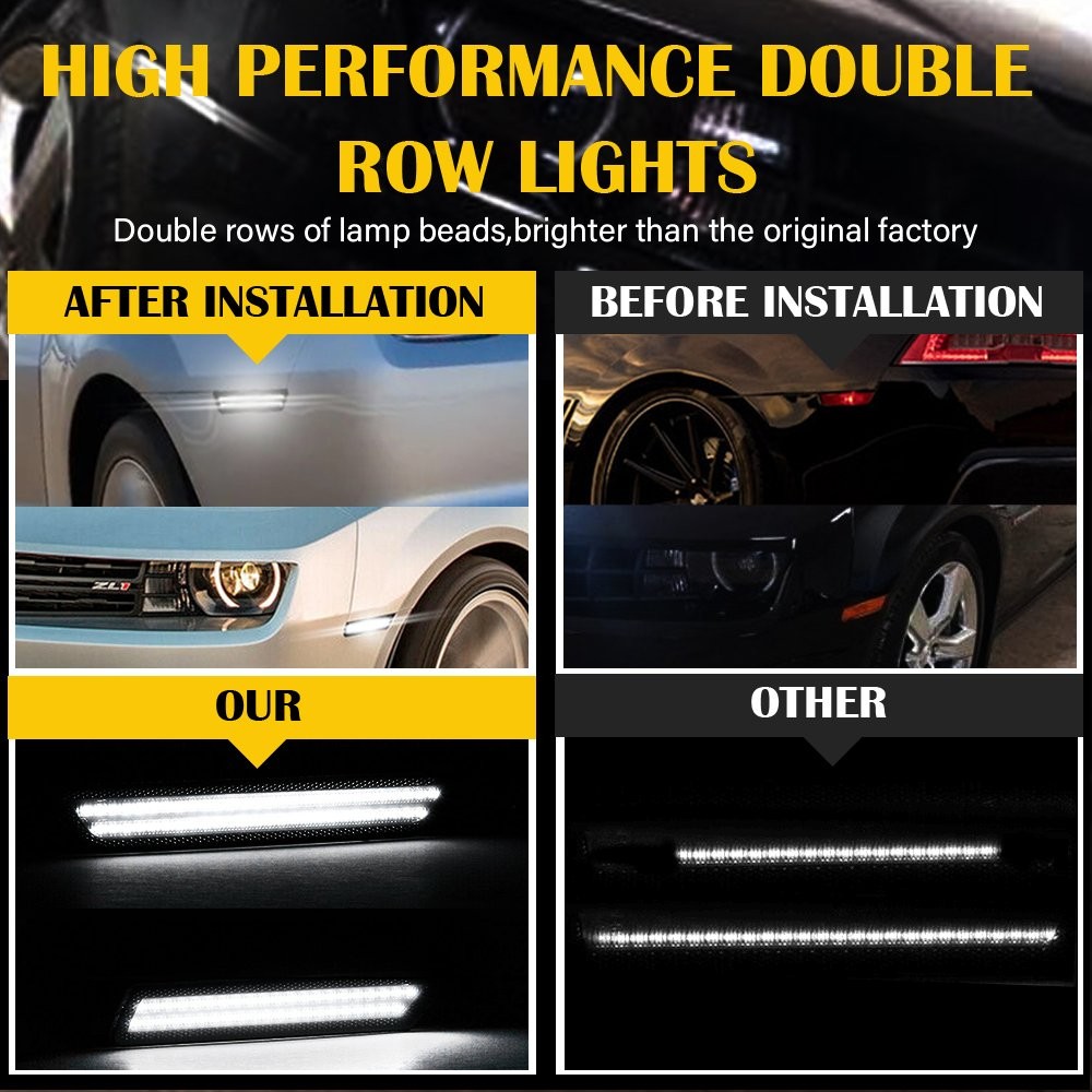Front+Rear White Smoked LED Side Marker Bumper Light For Chevy Camaro 2010-2015