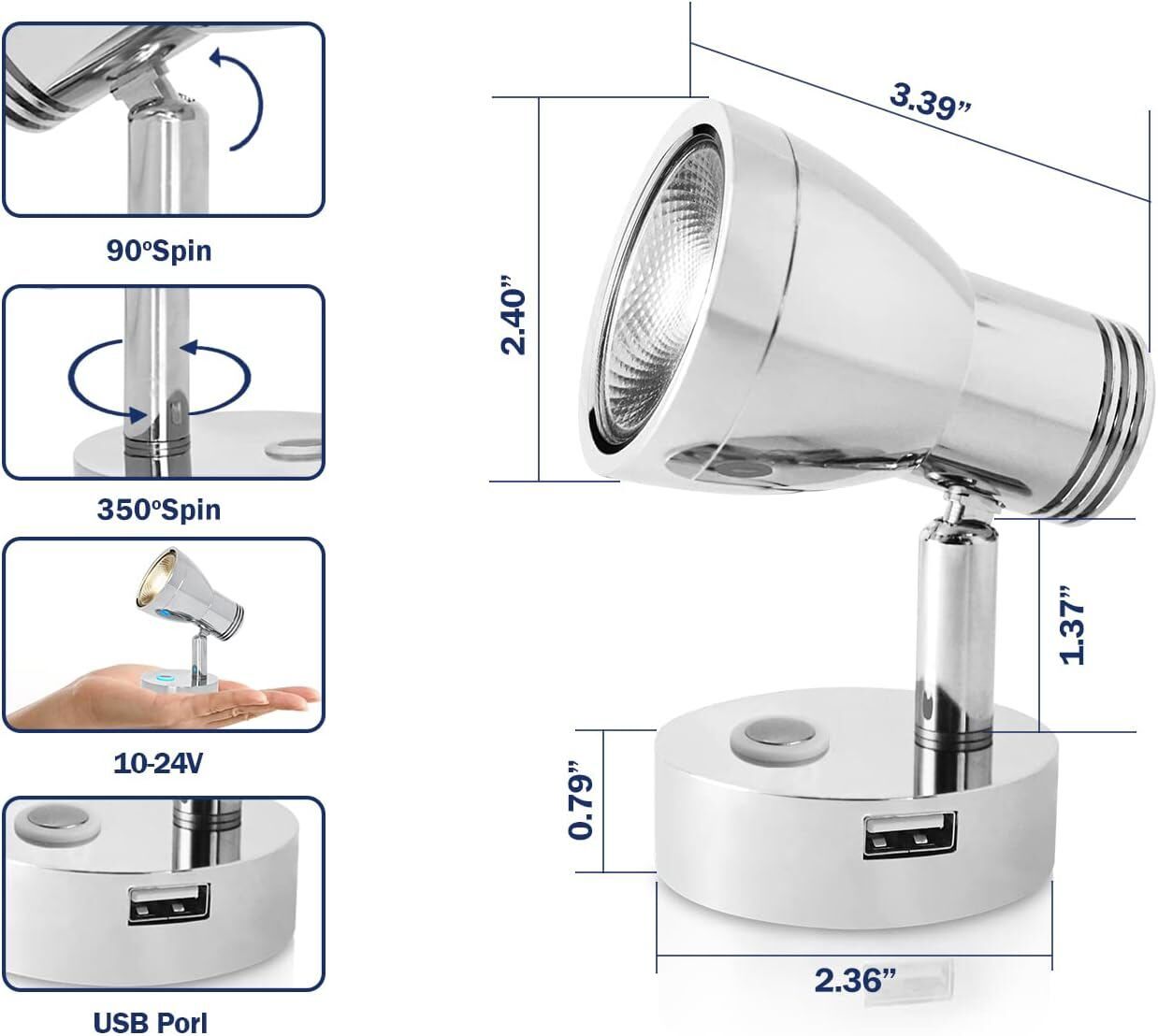 Adjustable Dimmable LED Reading Light – 12V-24V DC & USB Port for Vehicles, Boat