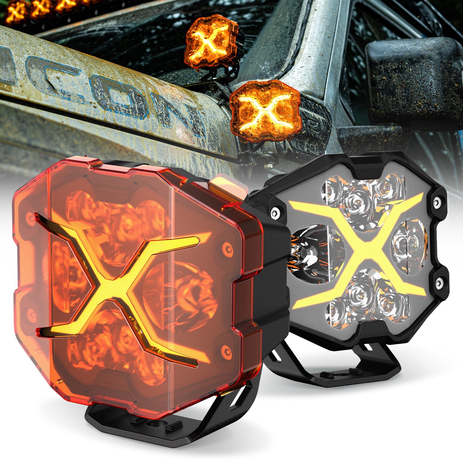 NOVSIGHT 4 Inch LED Pods X-Series Off Road Driving Light with Yellow DRL