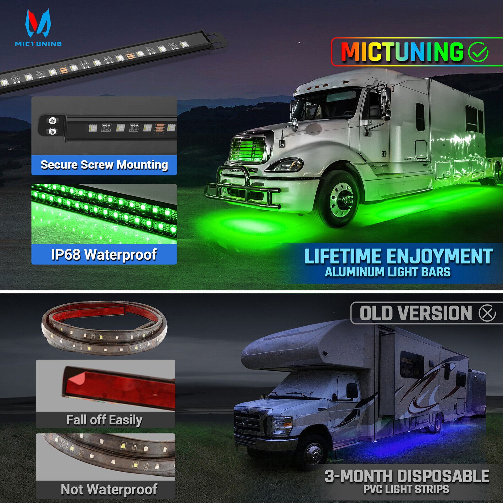8PCS RGBW Underglow Light Bars for RVs,Exterior Neon Underbody LED Light strips
