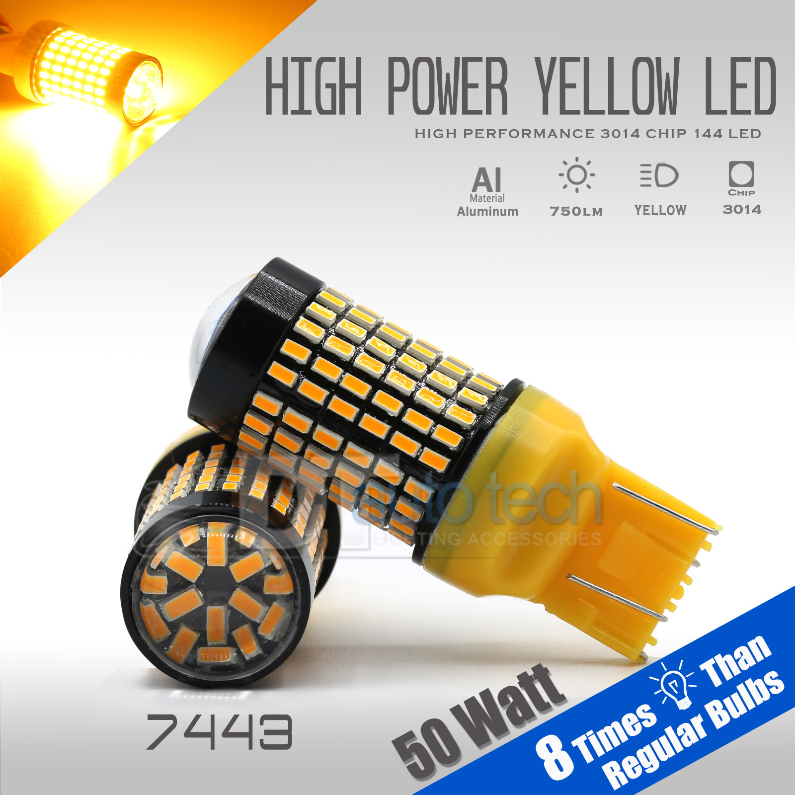 2X 50W 7443 LED Amber Yellow Rear Turn Signal Parking DRL High Power Light Bulbs