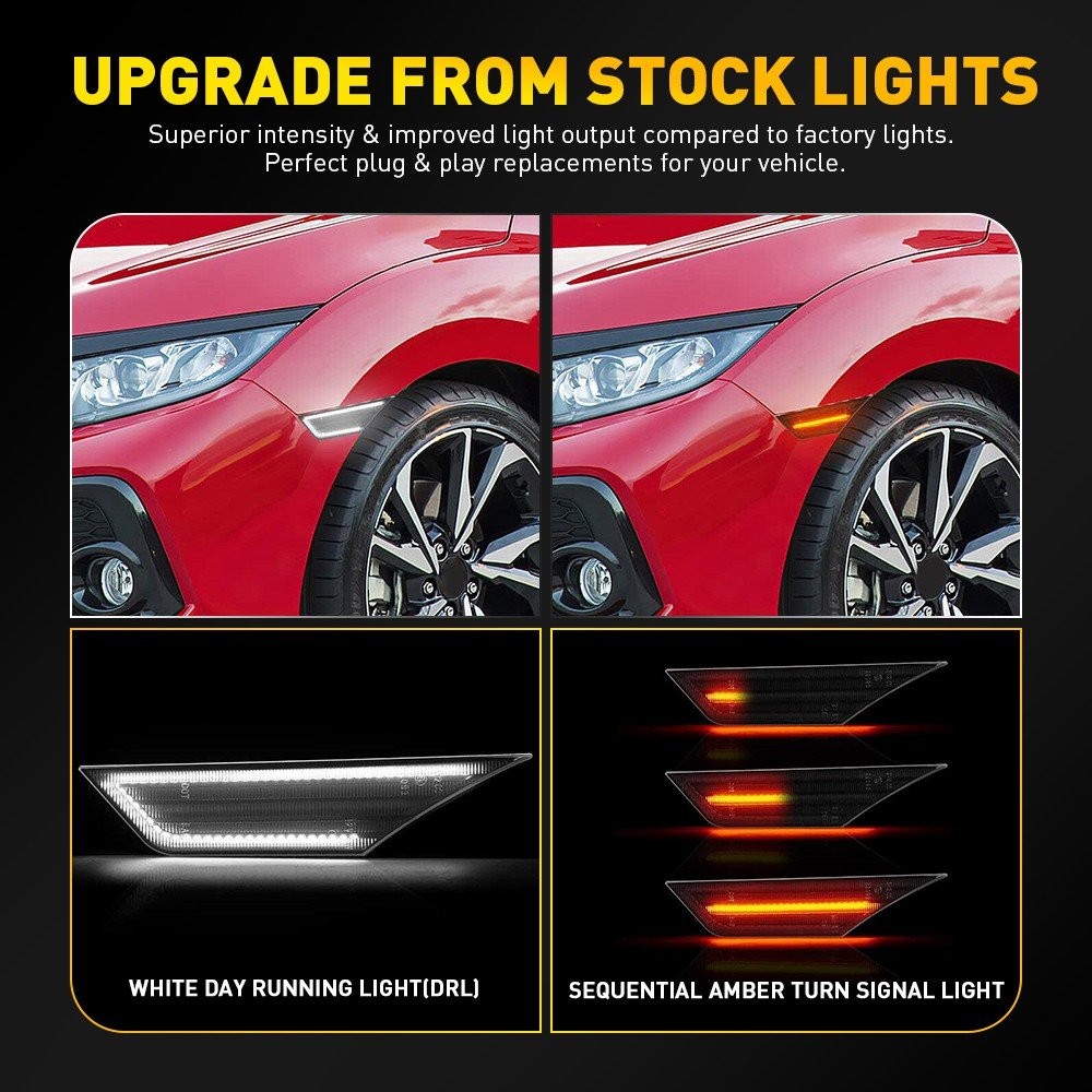 Smoke/Clear Full LED Strip Front Bumper Side Markers For 2016-2021 Honda Civic