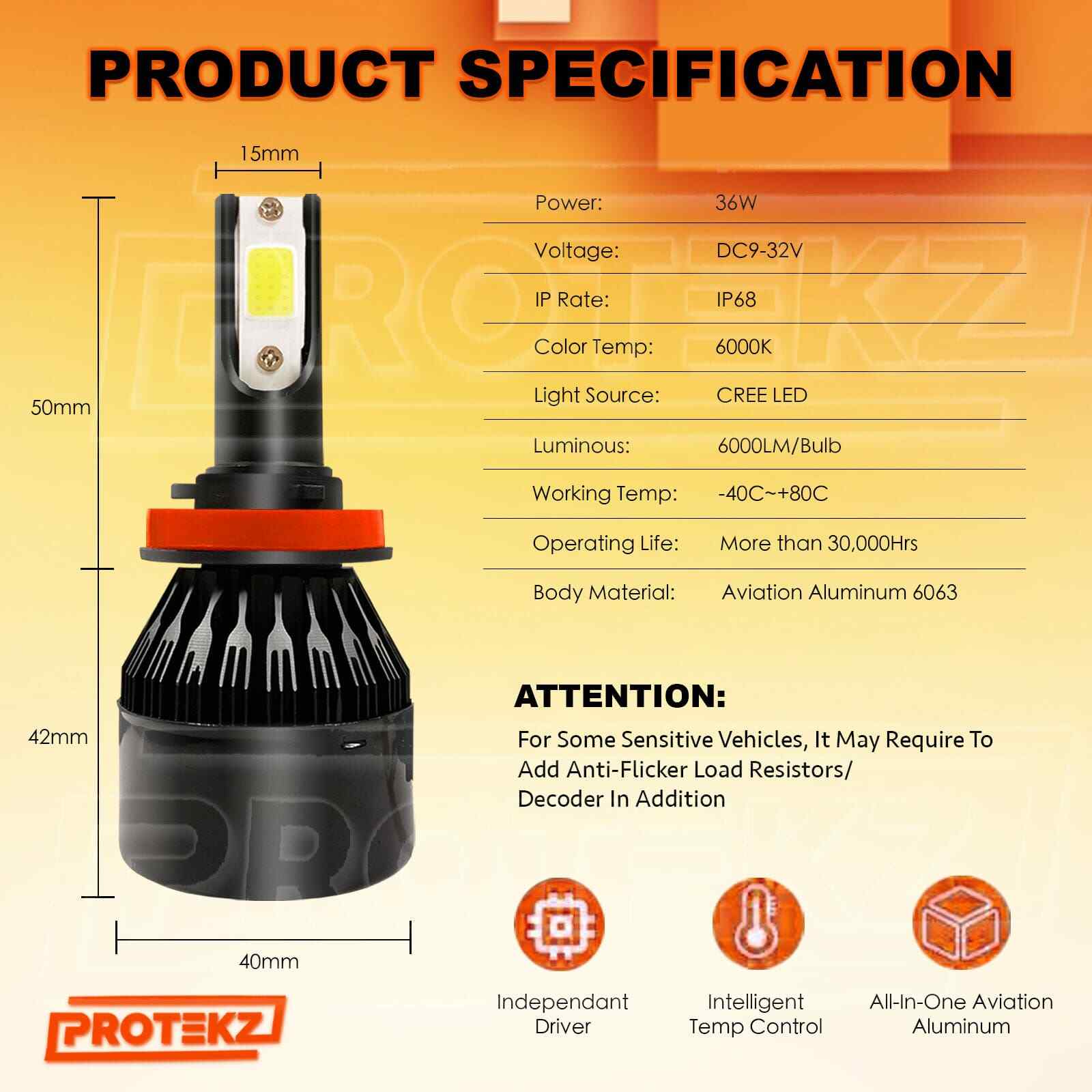 H11 6K LED Headlight Kit TurboCool Fan Easy Install 5Years Warranty 60W 7200LM